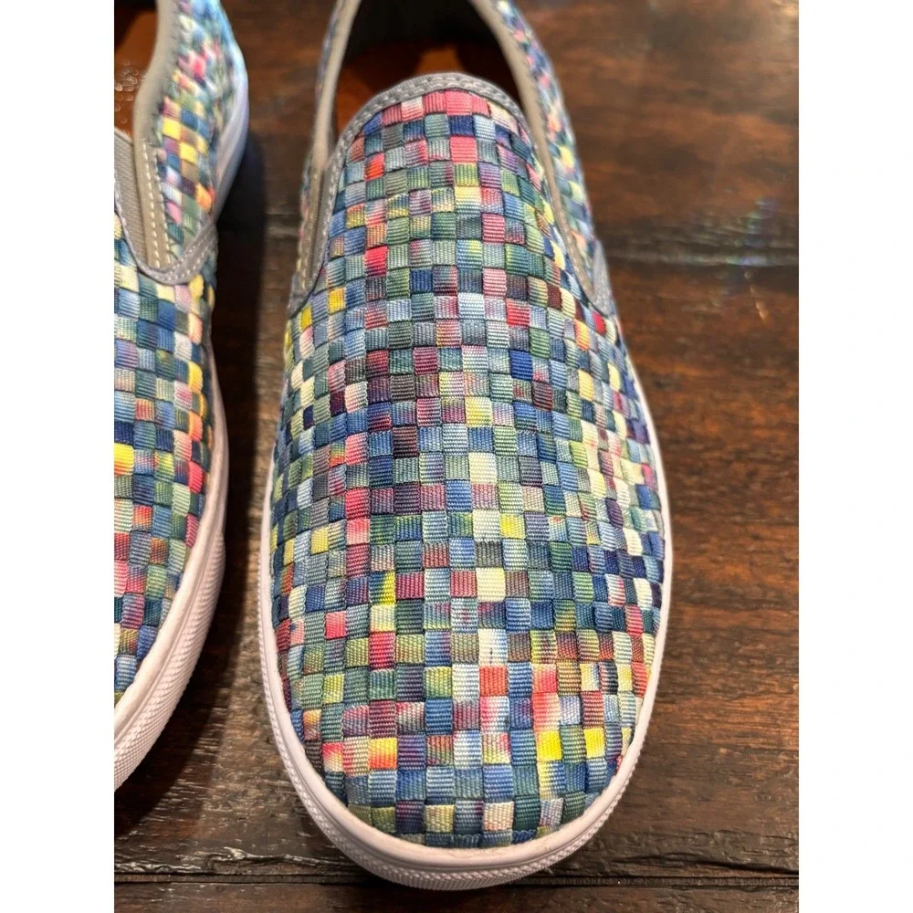 Bernie Mev Multi Color Woven‎ Elastic Slip On Sneakers Womens 40 Rainbow Pixel